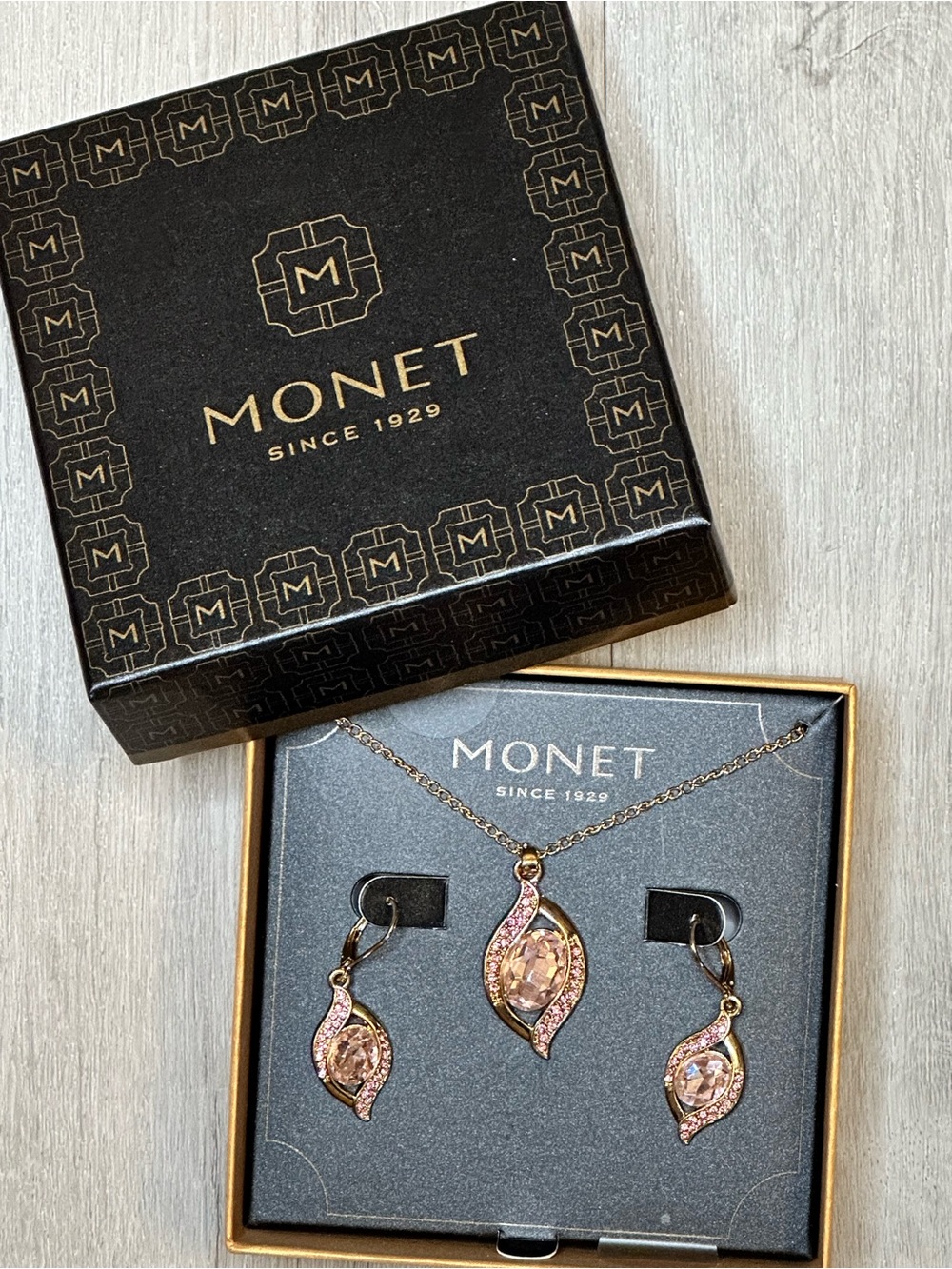 Monet Gold-Tone Necklace and Pink Crystal Drop Earrings Set